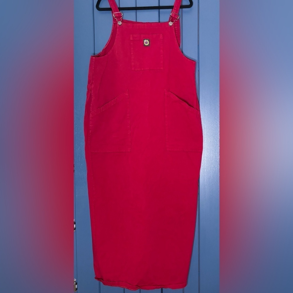 Vintage Sunflower Bumble Bee Red Bibbed Jumper Maxi Dress Large Modest Trad